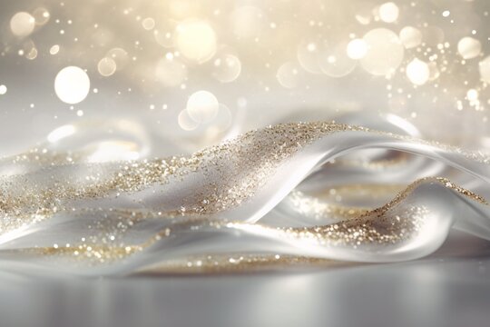 Abstract background. Golden tinsel background. Abstract background with bokeh defocused lights and glittering particles. Precious Dust. Splash of gems. Selective focus. Artistic blur. 3d rendering, 3d