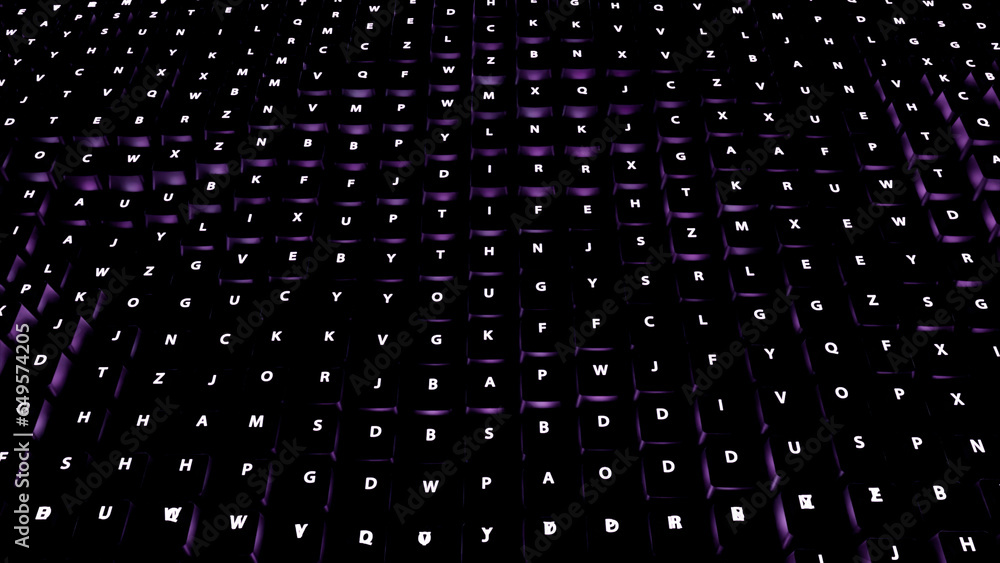 Poster english keyboard with letters randomly. design. moving black buttons with letters made in 3d format.
