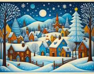 Midway through the night forest, a small settlement is covered in snow. Illustrational design, oil painting style.