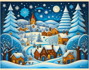 Midway through the night forest, a small settlement is covered in snow. Illustrational design, oil painting style.