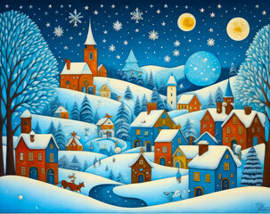 Midway through the night forest, a small settlement is covered in snow. Illustrational design, oil painting style.