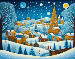 Midway through the night forest, a small settlement is covered in snow. Illustrational design, oil painting style.