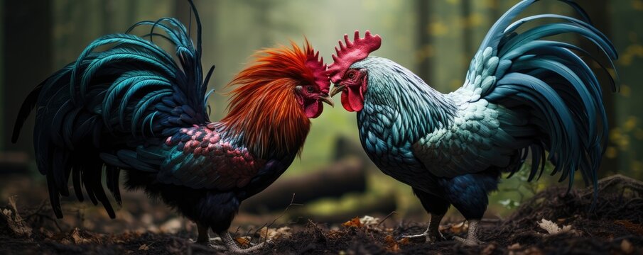 Face to face two muscular roosters are fighting