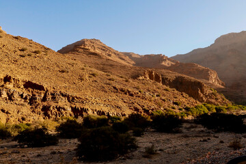 La valle dell'oasi di Tafraoute, Ait Mansour  circondata da montagne su cui sorgono antichi villaggi fortificati. Souss Massa, Marocco