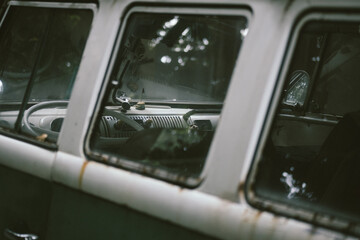 the interior of an old car
