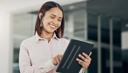 Happy businesswoman in office with, tablet and scroll on email, HR schedule or online for feedback. Internet, networking and communication on digital app, woman with smile at human resources agency.