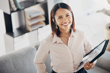 Happy, paperwork and portrait of businesswoman in office with positive, good and confident...