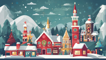 Merry Christmas Home - Flat Illustration of a Winter Holiday House with Snowflakes, Trees, and Decorations