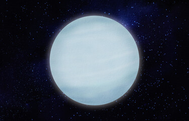 Uranus - the 7 planet in the solar system. Nighttime starry sky. for schools, astronomy, notebook. In astrology, symbol god of the sky, patron of the Aquarius zodiac sign. Watercolor illustration © Mari Ka