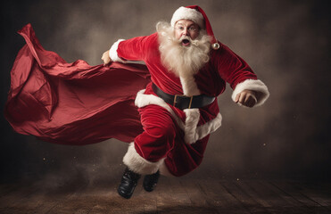 In a cinematic ambiance, Santa Claus is captured in an action-packed moment, dashing with his sack in a thrilling exit. The mood and tone convey a sense of cinematic excitement. Generative AI. - obrazy, fototapety, plakaty