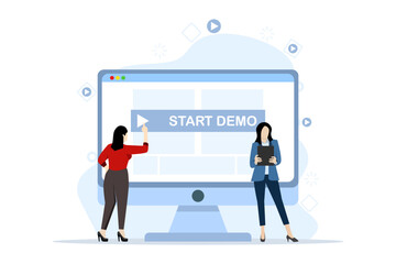 Flat design of initial demo concept. Involves a paid demo of an app or website. The phone screen displays clear content with a prominent demo start button. in-depth user experience and trial period.