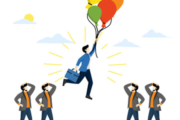 the concept of differentiating from competitors, standing out or being better than others, difference or unique, the initiative of people flying in a balloon that stands out from other competitors.