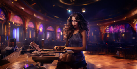 Beautiful girl playing roulette in a casino purple color hd wallpaper 
