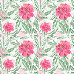 Seamless vintage floral pattern. Pink, crimson peonies on a white background. - 649578053