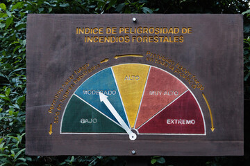 Wooden signboard information forest fire danger index in natural protected area