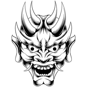 oni mask illustration in black and white