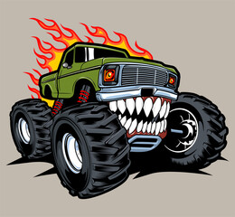monster truck vector logo design inspiration, Design element for logo, poster, card, banner, emblem, t shirt. Vector illustration © SATURA