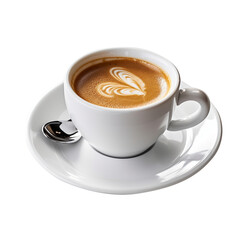  A white cup of cappuccino coffee with spoon and foam on top isolated on transparent background, png file, side view,