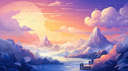 Fantasy landscape with mountains, lake and clouds. Illustration, ai generated