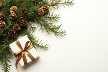 Fototapeta na wymiar A customizable banner featuring a white background adorned with a present and fir branches, offering a versatile canvas for creative additions. Photorealistic illustration
