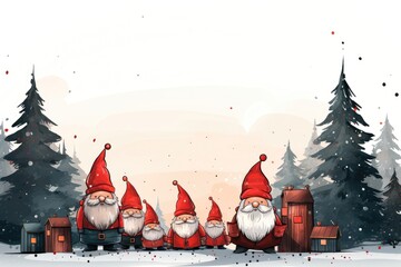 A customizable background image featuring illustrated gnomes in a snowy forest against a white background, making it an ideal canvas for adding personal elements. Illustration - obrazy, fototapety, plakaty