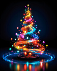 Futuristic creative cyberpunk concept of Christmas tree with neon hoops on urban dark background. New year party.