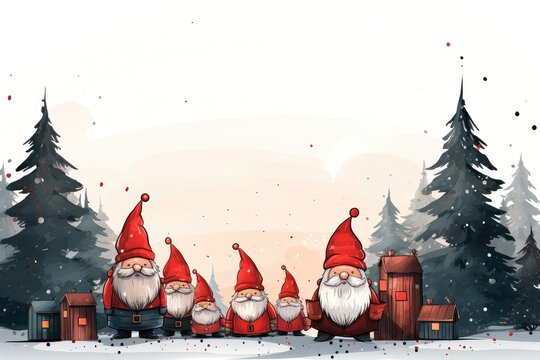A customizable background image featuring illustrated gnomes in a snowy forest against a white background, making it an ideal canvas for adding personal elements. Illustration