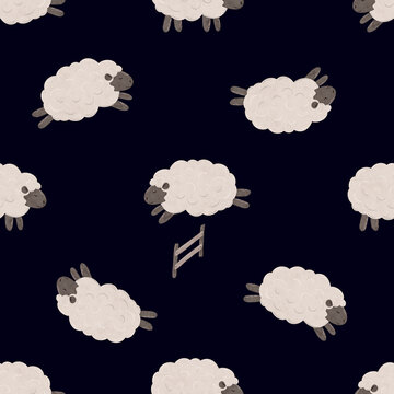Seamless pattern with Cute cartoon baby Sheep jumping over the fence. Good night. Counting sheep for insomnia. Endless background in scandinavian style with magical stars. Digital illustration for