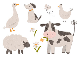 Cute farm animals collection, flat animal illustration, cow, sheep, chicken, dog, goose, butterfly and daisy. Cartoon characters for kids isolated, big bundle with textured effect. Hand drawn doodle