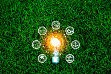 Green energy, Carbon credit market concept. light bulb on green nature background. Carbon Neutral...