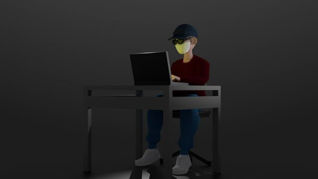 3D cartoon of a person in a mask and cap working on a laptop in a dark setting. Concept for remote work or online education during a pandemic.