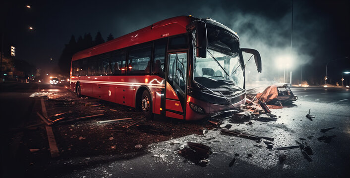 Bus crash dangerous accident on the road at night. copy space
