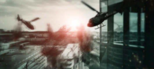 Military, warzone and army with explosion on battlefield for missile, apocalypse and bomb launch....