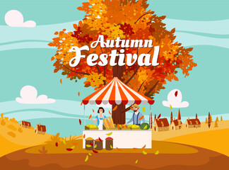 Autumn Festival fair local market countryside, apple tree, farm, rural village - obrazy, fototapety, plakaty