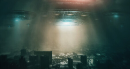 City, night and ufo in sky, spaceship and surreal alien invasion outdoor. Future, flying saucer and...