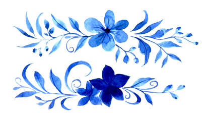 Fototapeta na wymiar Watercolor drawing, blue ornament of flowers and leaves, Gzhel. abstract flowers
