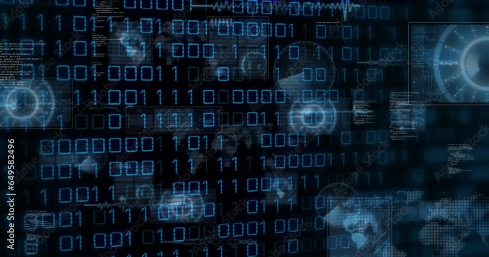 Poster animation of binary codes, radars, maps, globes and computer language over black background