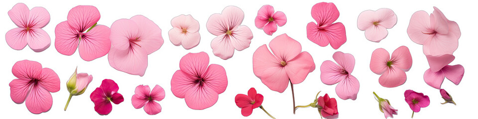 Beautiful Pink Flowers and Geranium Petals: Floral Top View Set  Isolated on a transparent background