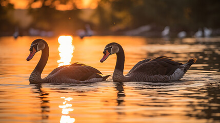 Black swans basking in the golden glow of the setting sun, creating a stunning reflection on the water's surface