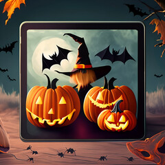 Halloween-themed tablet  on dark atmosphere background with empty display surrounded by pumpkins and bats.