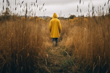 Young woman in yellow raincoat standing in tall grass and looking away. - Powered by Adobe