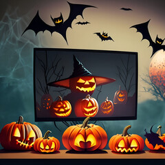 halloween background with pumpkin horror movie on television generative ai