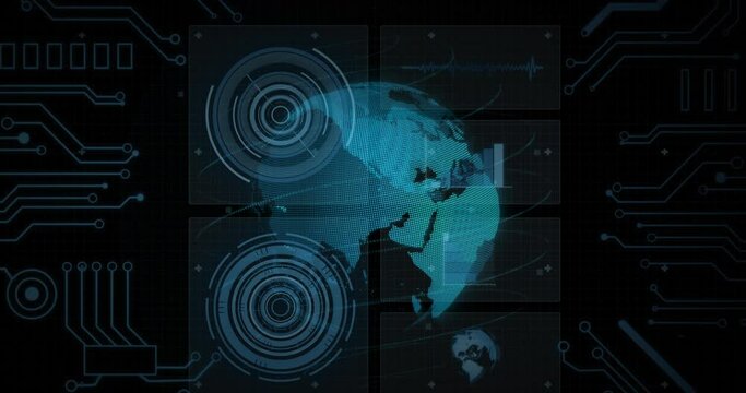 Animation of circles, graphs, globe, circuit board pattern over globe against black background