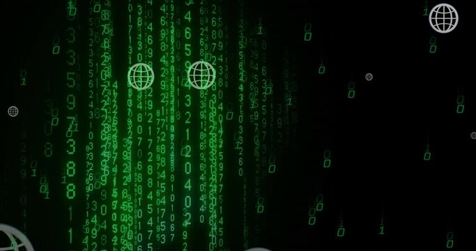 Animation of globe icons over falling changing numbers and binary codes over black background