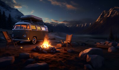 campfire in the wild with a car, ai generative - obrazy, fototapety, plakaty