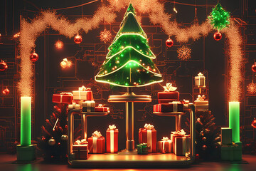 Cyberpunk Christmas 3D illustration of beautiful science fiction,