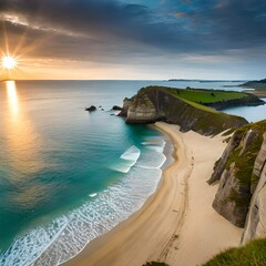 The Charettes beach in Plouarzel in summer seen from the top of the cliffs - Brittany.AI generated