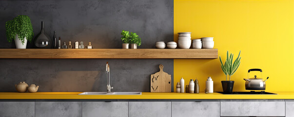 Yellow and grey kitchen modern design inetrior.