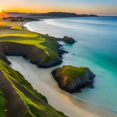 The Charettes beach in Plouarzel in summer seen from the top of the cliffs - Brittany.AI generated