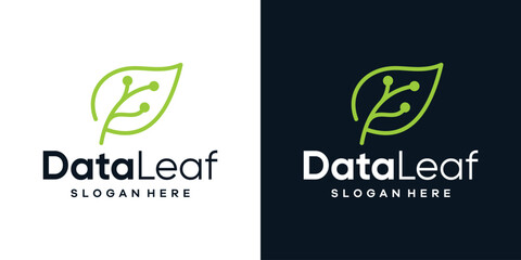 Fototapeta Green tech logo design template. leaf with digital data technology design graphic vector illustration. Symbol, icon, creative. obraz